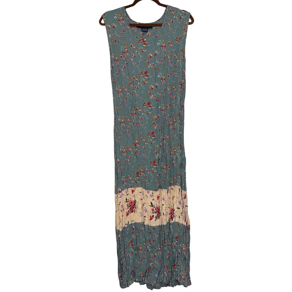 Vintage J.G. Hook Floral Crinkle Rayon Sleeveless Maxi Dress Size XL